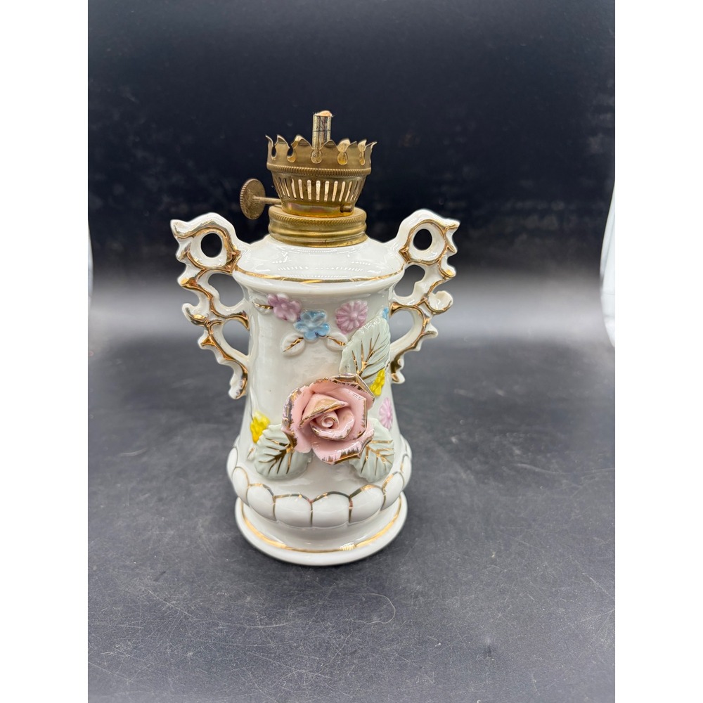 Vintage Porcelain Miniature Oil Lamp Pink Rose Floral Gold Trim 6.5 Inch